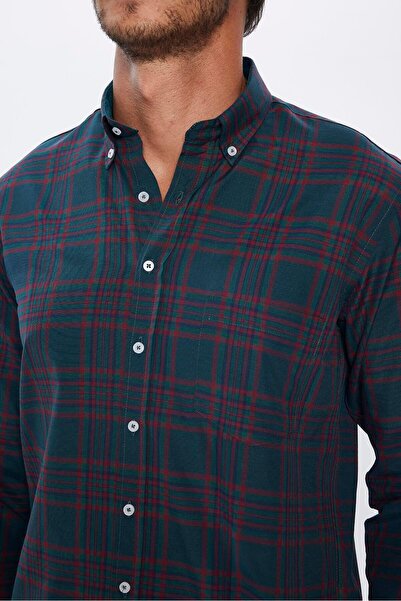 Tudors Erkek Regular Fit Klasik Kesim Pamuklu Tek Cepli Kareli Düğmeli Yaka Gömlek