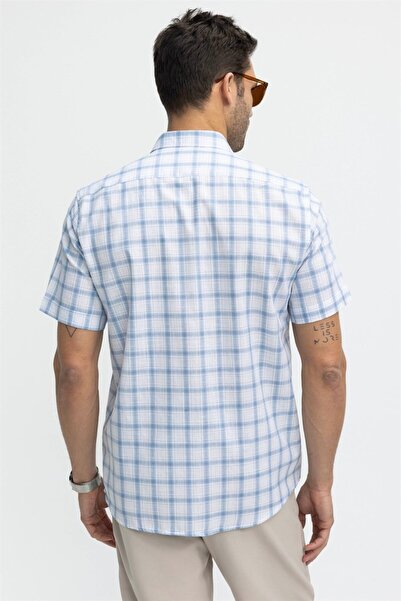 Tudors Férfi normál szabású klasszikus szabású 100% pamut vászon textúrájú kockás gombos galléros kék ing