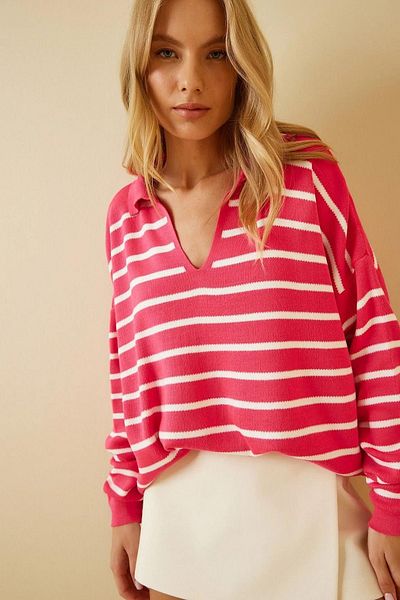 winterclup Women's Polo Neck Fuchsia Striped Knitwear Sweater
