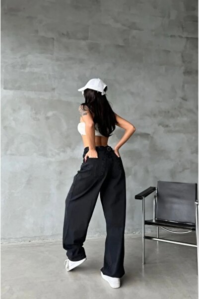 TRENDNATUREL Black Buckle Detailed Loose Cut Wide Leg Casual Baggy Loose Jean Trousers
