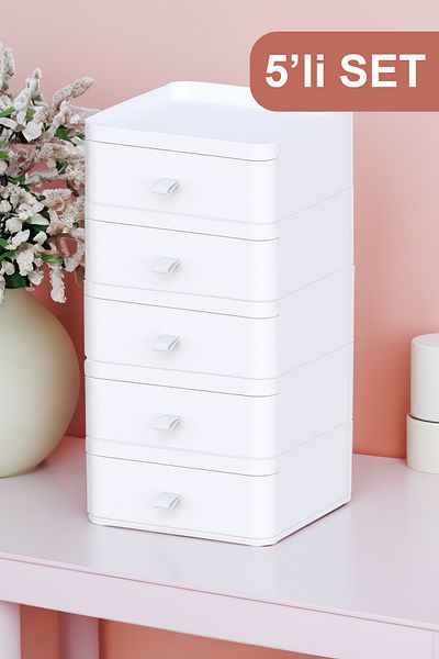 Fesya Home Esta 5 White Makeup Organizer - 5-Tier, Multi-Purpose, Drawers