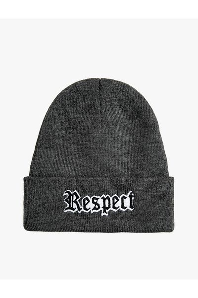 Koton Basic Knitted Beret with Slogan Embroidered Fold Detail