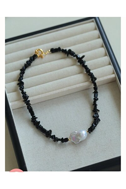 PEARL Şık Barok İnci Detaylı Siyah Onyx Kırık Doğal Taş Kolye