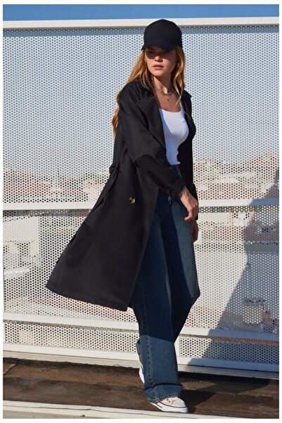 Genel Markalar Kadın Kruvaze Yaka Trençkot Siyah 1053