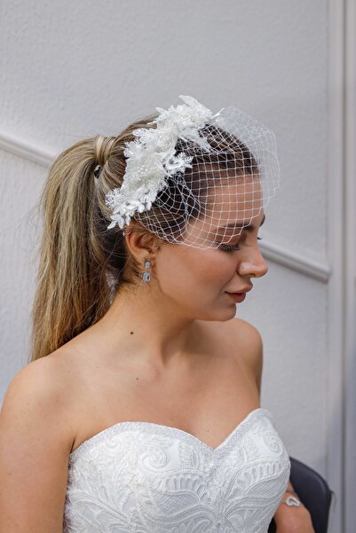 Turkuaz Gelin Saç Aksesuarı / Nikah Düğün Çiçek İnci Beyaz Taç