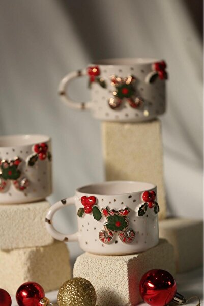 MERVEOKTAYSERAMİK El Yapımı Baston Şekerli Kokinalı Yeni Yıl Desenli 24 K Altın Detaylı Seramik Mug