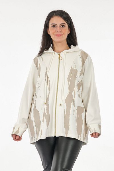 Vedi -bb Hooded Large Size Patterned Ecru Women's Jacket2322093