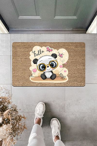 Dormot Home High Quality Digital Printing Cute Panda Door Front Mat with Butterfly Glasses Saying Hello