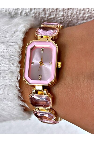 İSTLİV Gold -pembe Renk Taşlı Kadın Analog Kol Saati