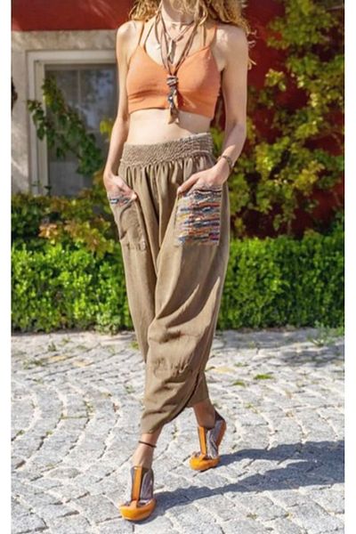pier moda Bohemian Style Embroidered Linen Baggy Trousers - Earth Brown Color, Yoga Cut