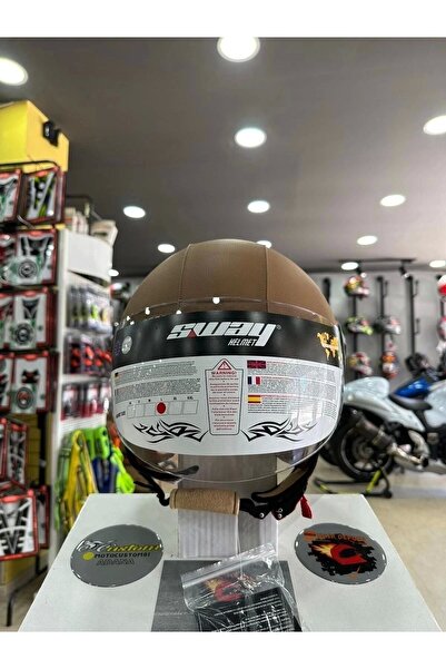 Sway FS701 Deri Kaplama Yarım Motosiklet Kaskı (Kahverengi)