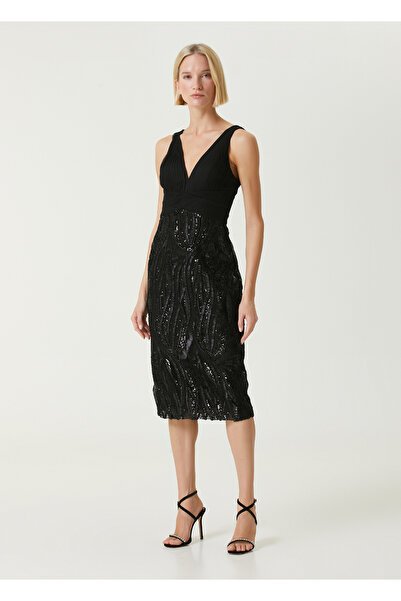Aidan Mattox Siyah İşlemeli Midi Kokteyl Elbise Beden: 2