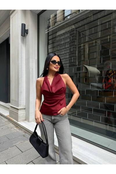 Friday Mood Women's Back Low-Cut Degaje Neck Satin Blouse