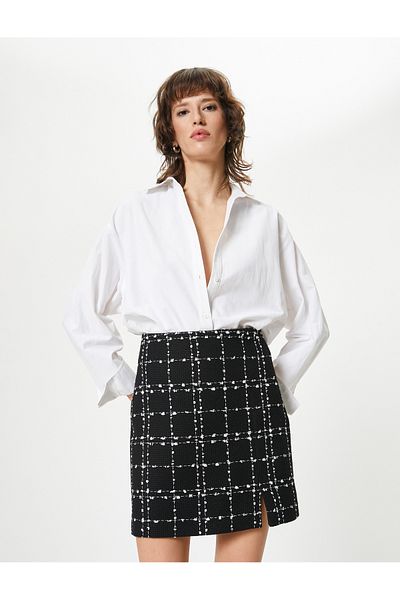 Koton Fustă mini din tweed cu talie înaltă cu detaliu cu fante