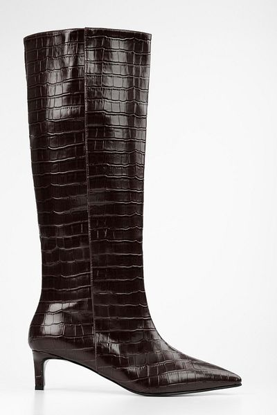 Shoeberry Γυναικείες μπότες Blaze Brown Crocodile με κοντό τακούνι