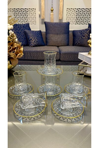 Turkuaz kristal 6 Kişilik Cam Tabaklı Gold Çay Bardağı Seti Takımı