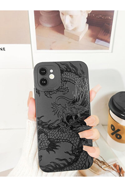 KVK PRİVACY İphone 12 Uyumlu Kılıf Mat Siyah Ejderha Desenli Darbelere Dayanı...