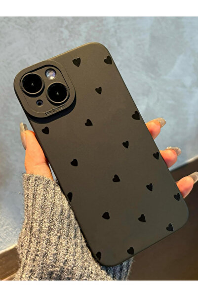 KVK PRİVACY İphone 15 Plus / 14 Plus Uyumlu Kılıf Mat Siyah Kalp Desenli Yumu...