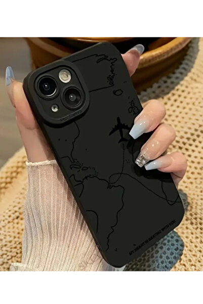 KVK PRİVACY İphone 15 Plus / 14 Plus Uyumlu Kılıf Mat Siyah Harita Desenli Yu...