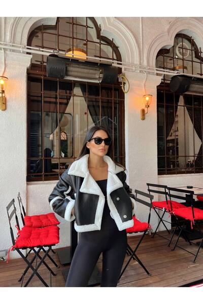 İLKCET MODA Detailed Rabbit Coated Crop Women's Coat