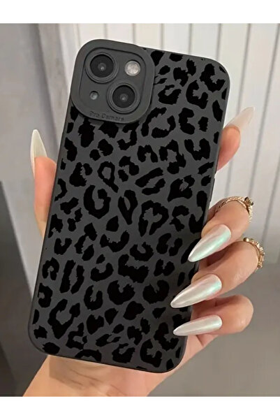KVK PRİVACY İphone 15 Uyumlu Kılıf Mat Siyah Leopar Desenli Darbelere Dayanıklı Yumuşak Kamera Korumalı Kapak