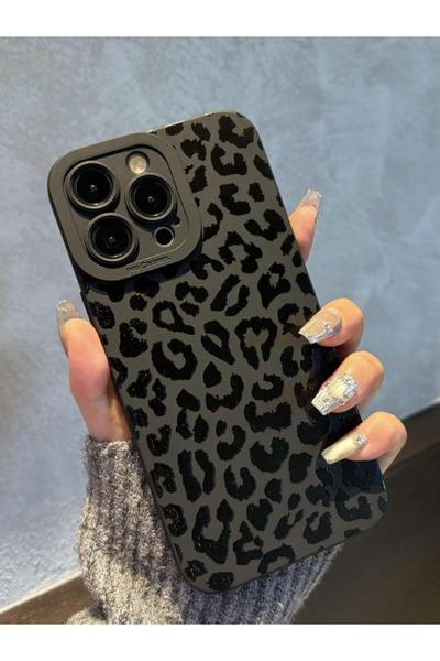 KVK PRİVACY İphone 15 Pro Max Uyumlu Kılıf Mat Siyah Leopar Desenli Yumuşak K...
