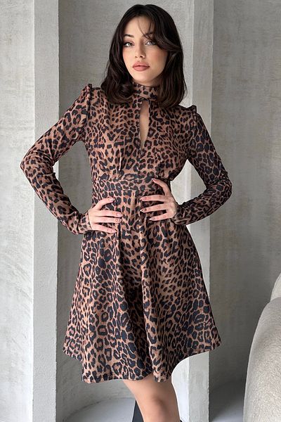 Fav Style Γυναικείο φόρεμα σε μπεζ χρώμα - γιακάς, μακρυμάνικο, λεοπάρ στάμπα και λεπτομέρεια σταγόνας