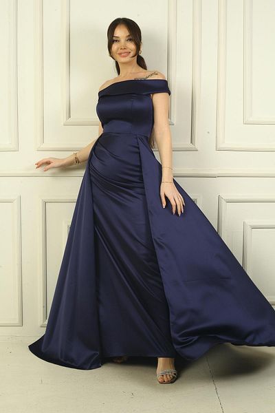 By Saygı Women's Madonna Neck Front Gathered Lined Satin Long Dress with Cape