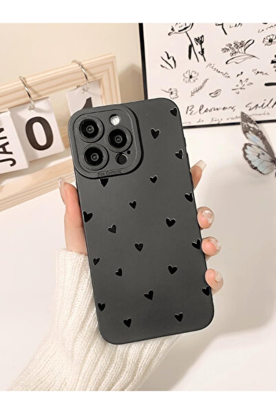 KVK PRİVACY İphone 14 Pro Max Uyumlu Kılıf Mat Siyah Kalp Desenli Yumuşak Kam...