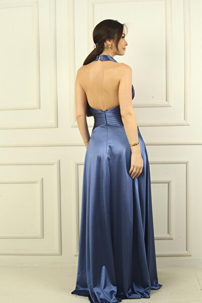 By Saygı Kadın V Yaka Sırt Dekolteli Üstü Piliseli Örme Saten Uzun Elbise