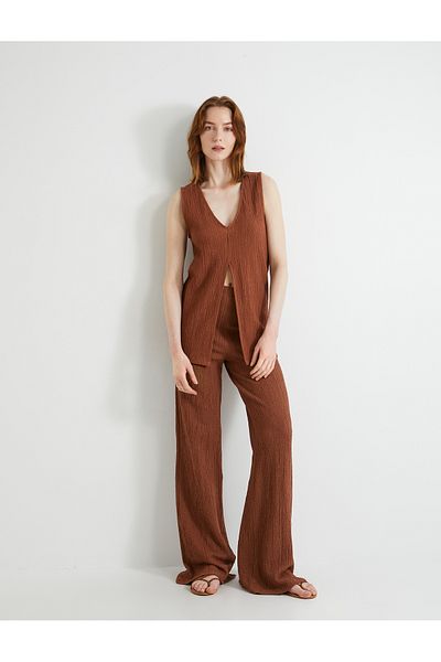 Koton New Season V-Neck Top with Textured Front Slit
