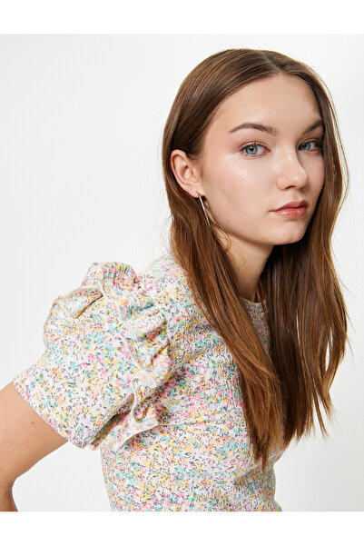 Koton Floral Ruffle T-Shirt - Short Sleeve Chocolate Wrap