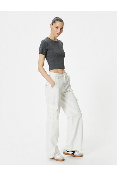 Koton Crop T-Shirt Pale Effect Short Sleeve Crew Neck Cotton