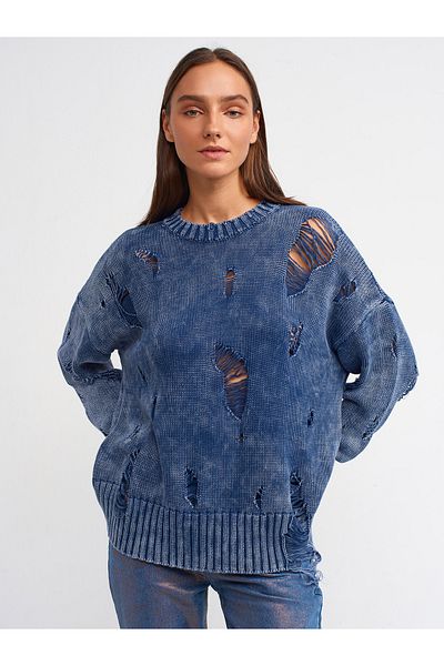 Dilvin 10479 Pale Effect Crew Neck Ripped Detail Sweater-Indigo