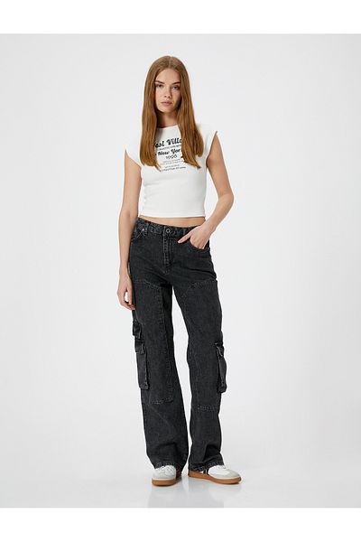 Koton Printed Crop Sleeveless T-Shirt Ribbed Cotton Slim Fit