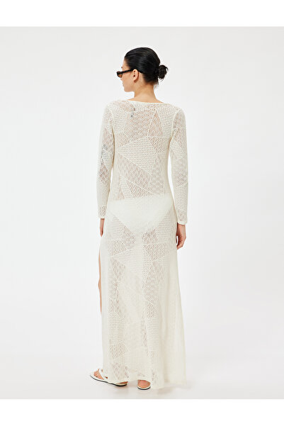 Koton Hosszú horgolt strandruha, mély V nyakú gyűrű, részletes, hosszú ujjú, hasított részletekkel