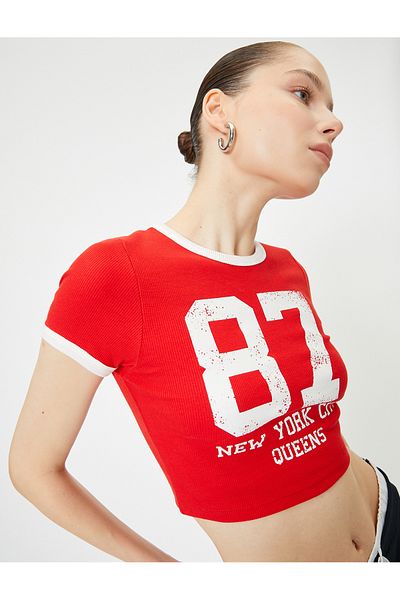 Koton Crop College T-Shirt Printed Short Sleeve Crew Neck Piping