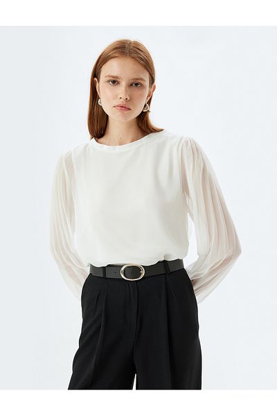 Koton New Season Chiffon Blouse Round Neck Long Pleated Tulle Sleeves