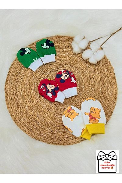 Lumos Trade Unisex Infant Newborn Combed Organic Cotton Baby Gloves 3 Pairs Set - Mickey and Winnie