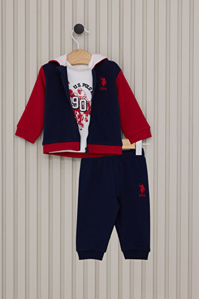 U.S. Polo Assn. طقم أطفال ثلاثي بقلنسوة وسحاب باللون الأزرق الداكن من يو إس ب...