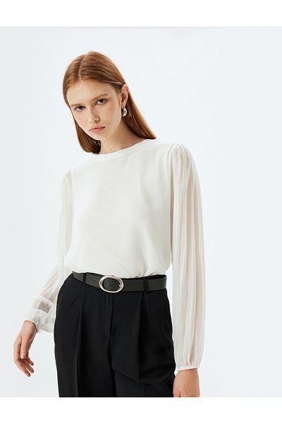 Koton New Season Chiffon Blouse Round Neck Long Pleated Tulle Sleeves