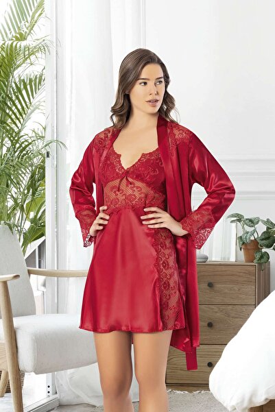 ROZELT Saten Dantel Detaylı Gecelik Sabahlık Takım Kırmızı 1540