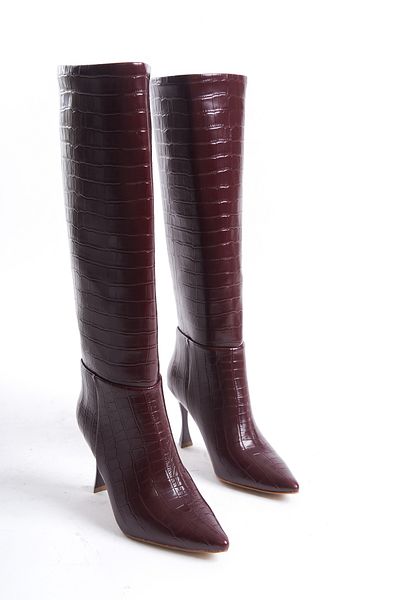 NITU Shoes Cizme cu toc înalt cu model de crocodil roșu Claret