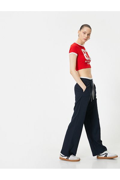 Koton Crop College T-Shirt Printed Short Sleeve Crew Neck Piping