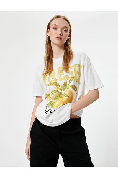 Koton Relax Fit Fruit Printed T-Shirt - Crew Neck, Short Sleeve