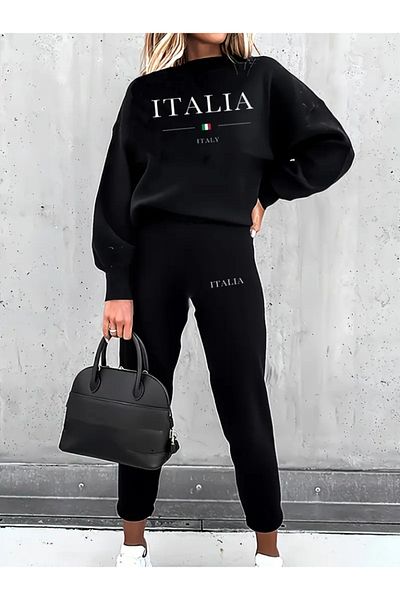 Moka Shopin Mokashopin Women's Long Sleeve Crew Neck Ruffled Three Thread Blouse and Pants Double Suit