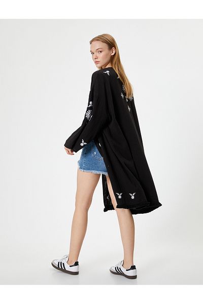 Koton Embroidered Midi Kimono - Oversize Asymmetric Cut