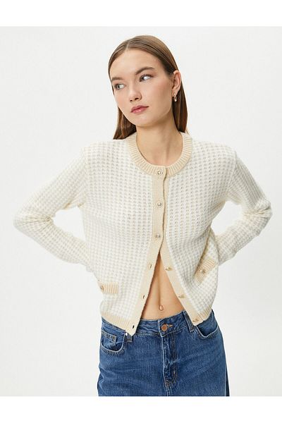 Koton Knitwear Cardigan Gold Button Detailed Pocket Round Neck Long Sleeve