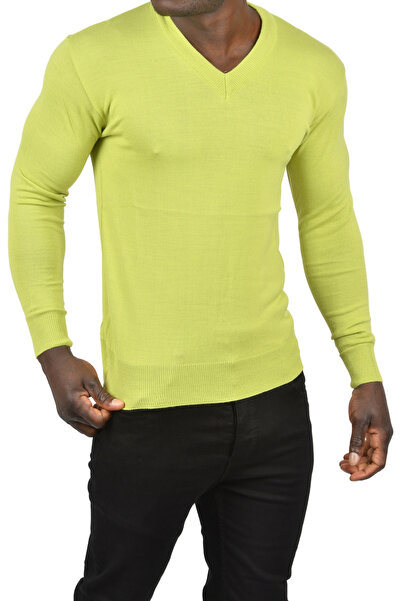 DeepSEA Men's Green Slim Fit V-Neck Basic Knitwear Thin Sweater 2505494