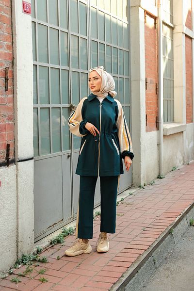 MİMİ Luxury Wear Σετ αθλητικής φόρμας Hijab με φερμουάρ Petrol Color - Τουνίκ και Παντελόνι